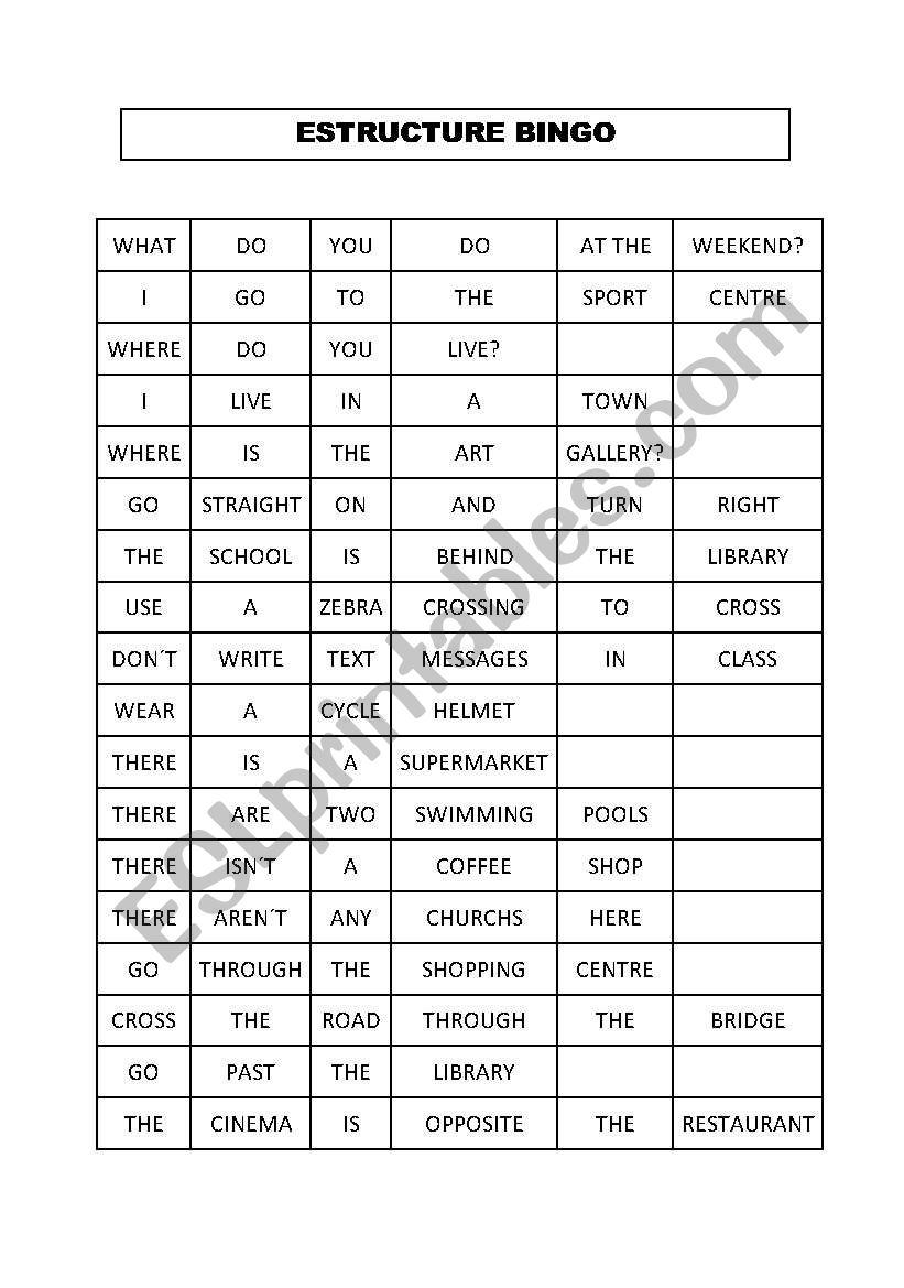 structure bingo worksheet