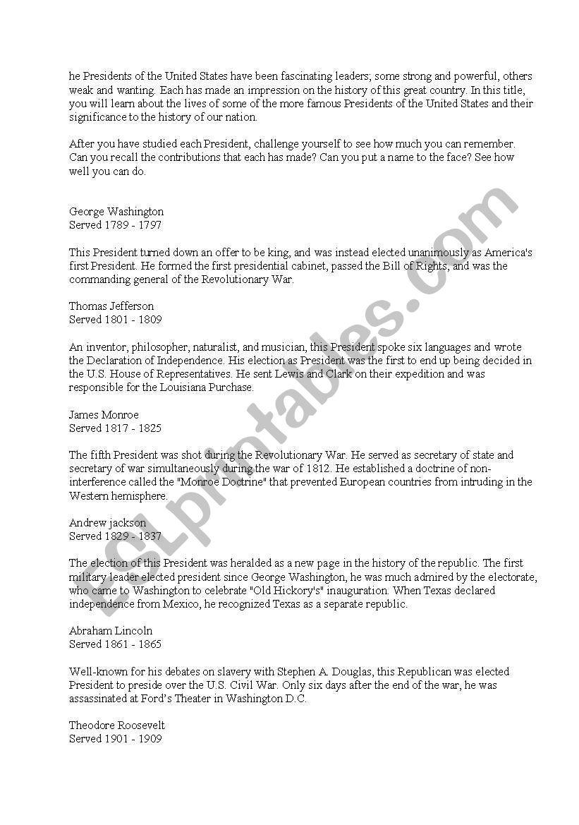 important presidents worksheet