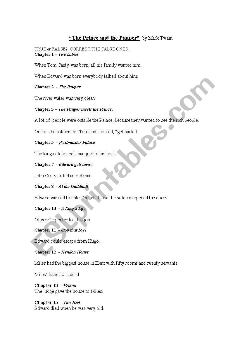 The Prince and the Pauper worksheet