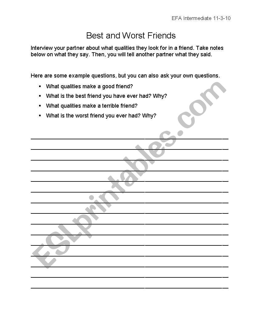 Best and Worst Friends worksheet