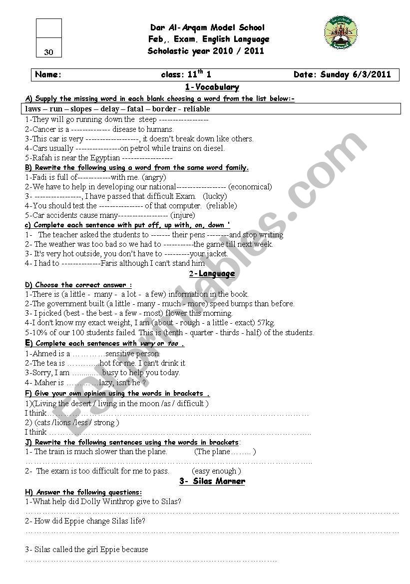 vocab and language Exam worksheet