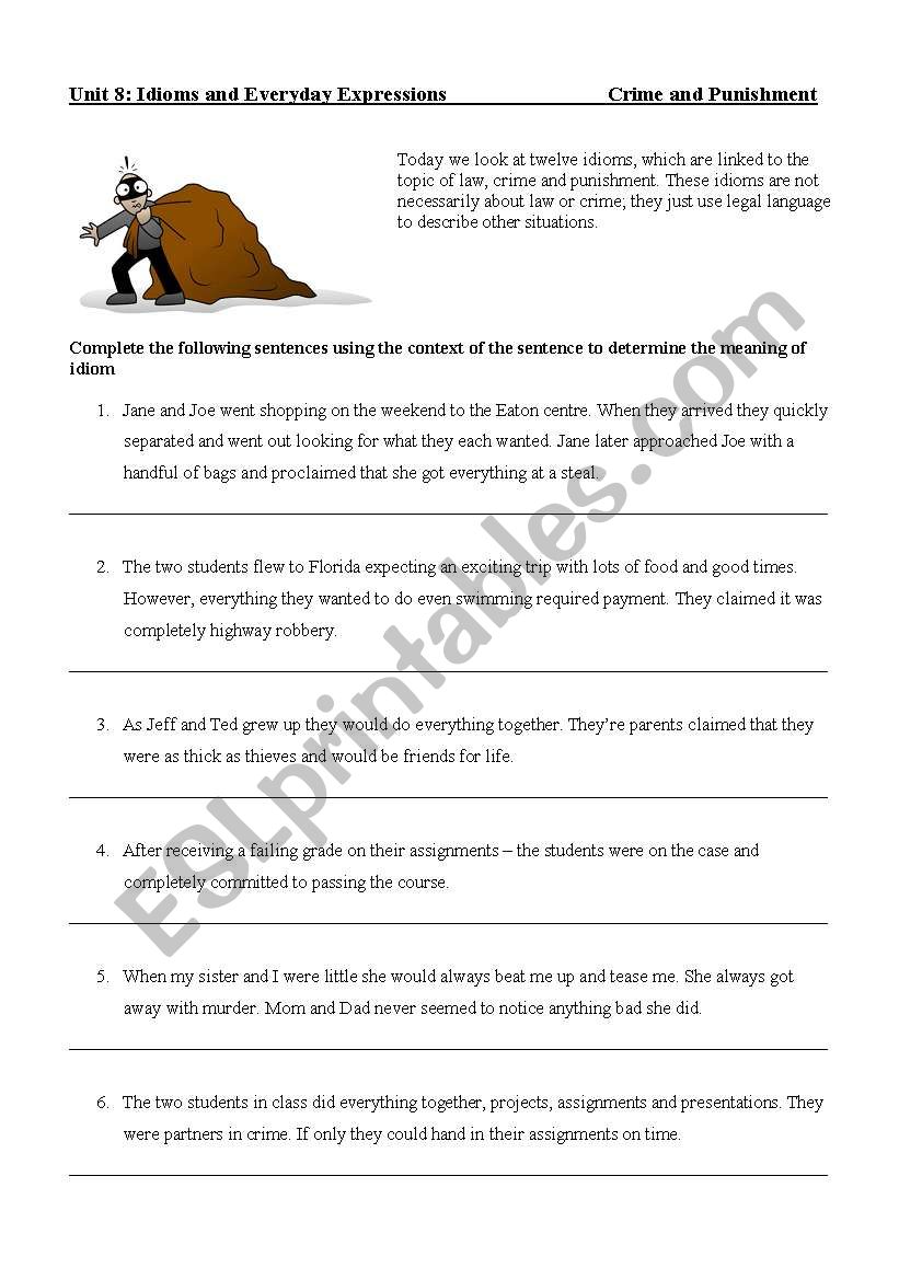 Punishment + Crimes Idioms Worksheet - UPDATED more Advanced