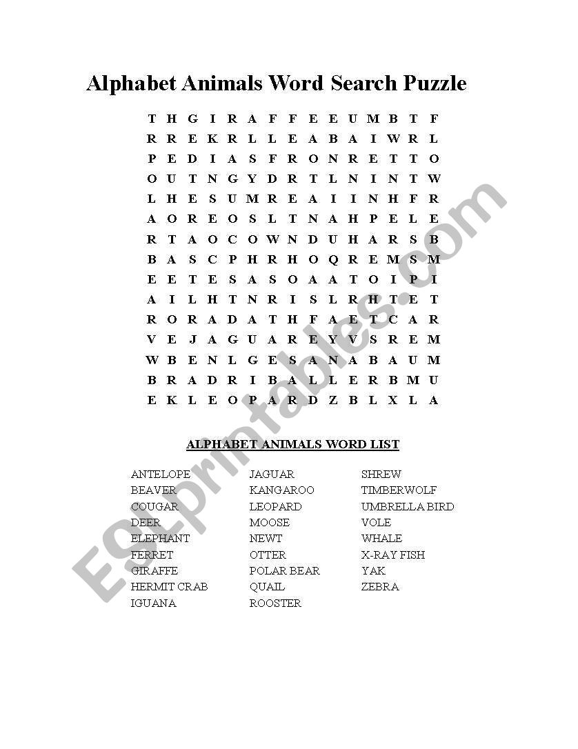 English worksheets: Alphabet Animals Word Search Puzzle