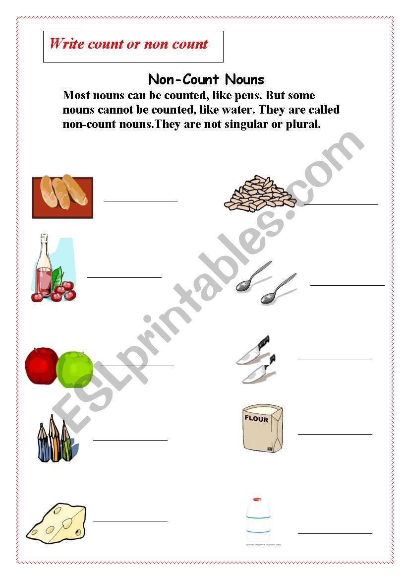 English Worksheets Non count Nouns
