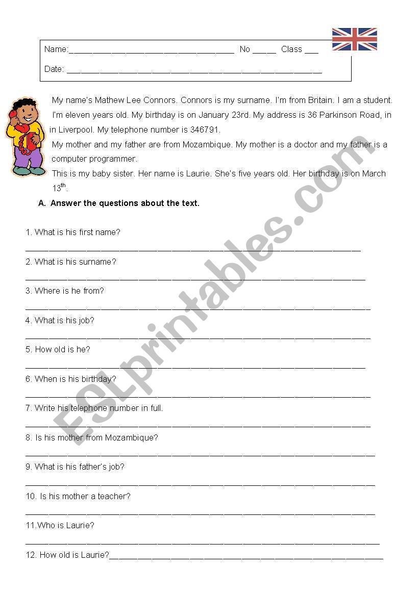 reading comprehension worksheet