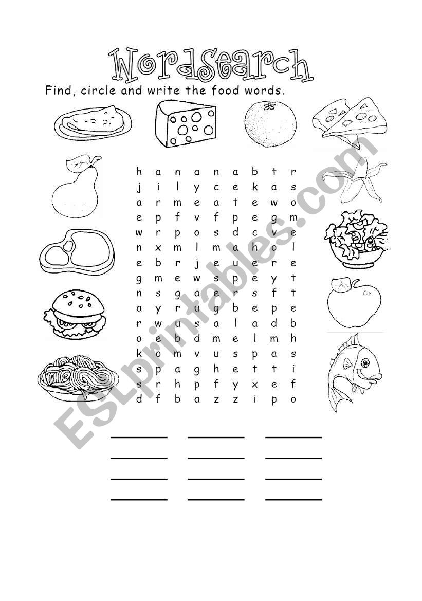 Food wordsearch worksheet