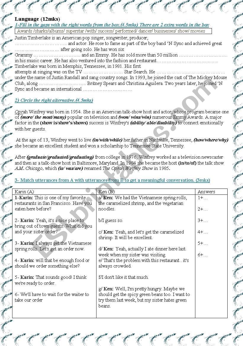 9th  form mid-term test 3 (language component)