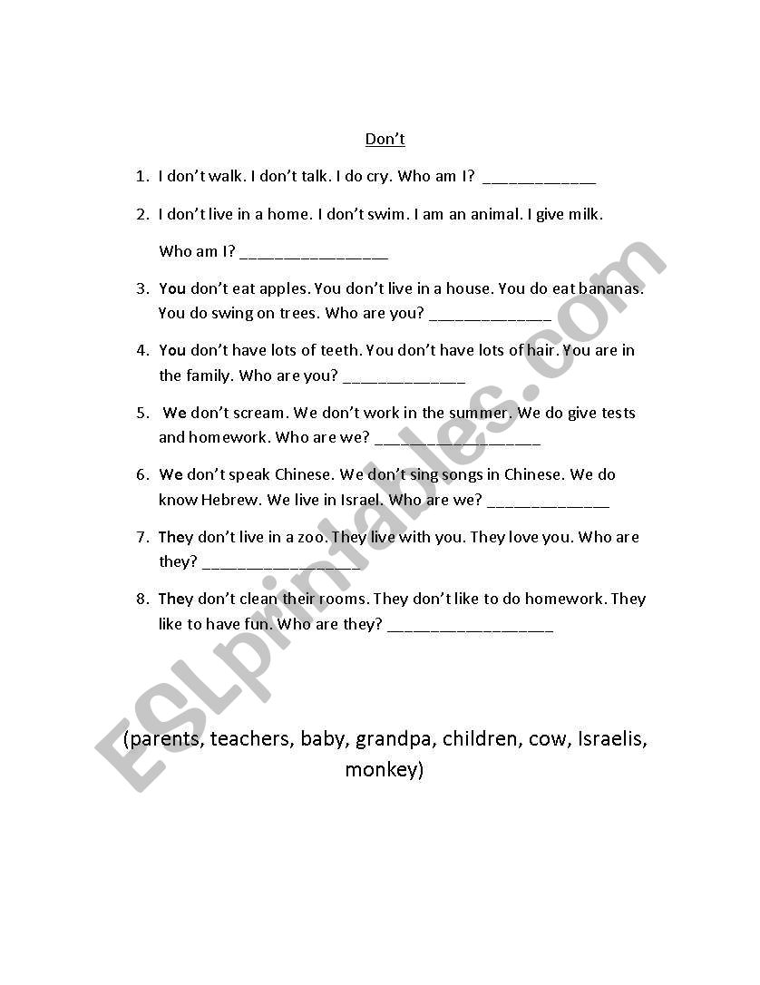 Dont/ Doesnt riddle worksheet