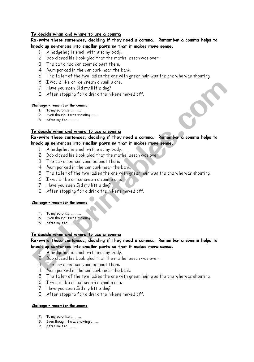 Using commas worksheet