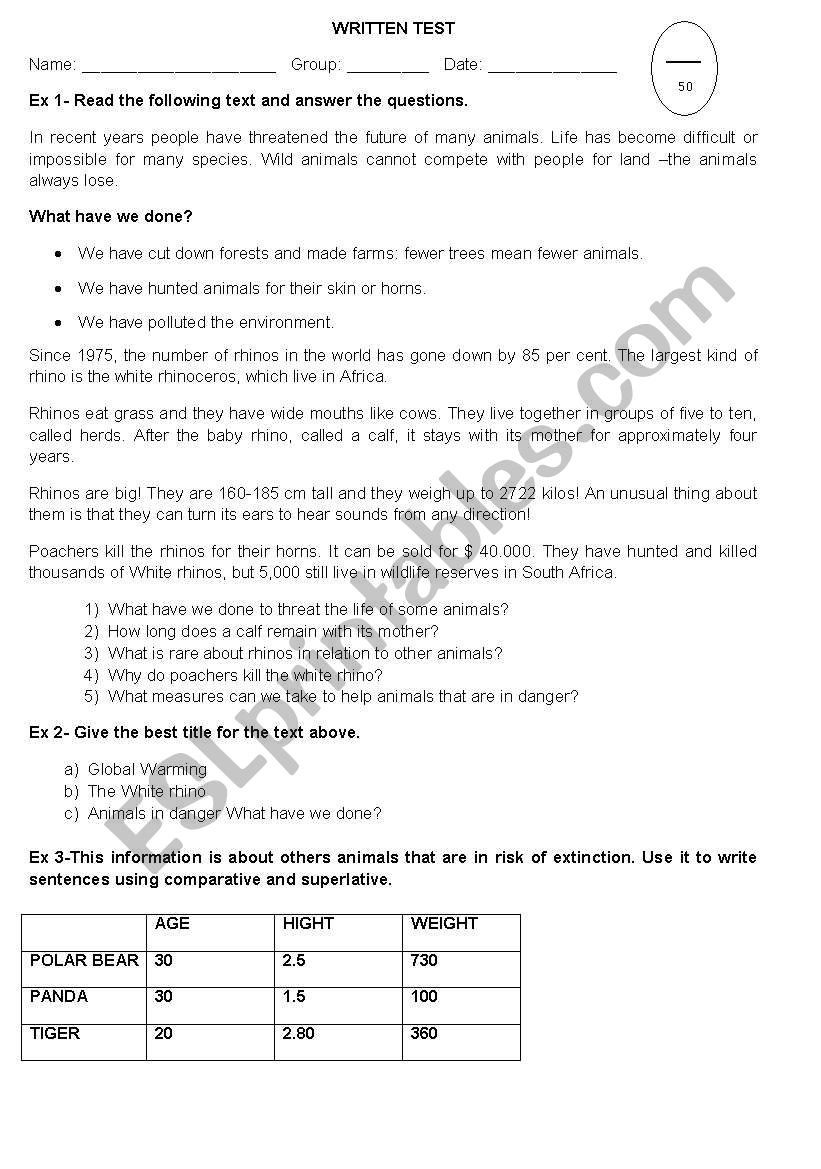 Written Test worksheet