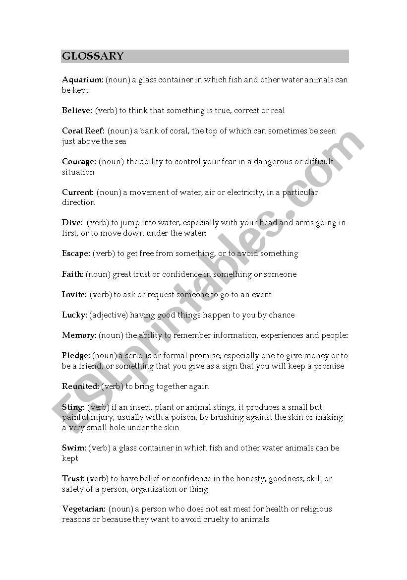 finding nemo- glossary worksheet