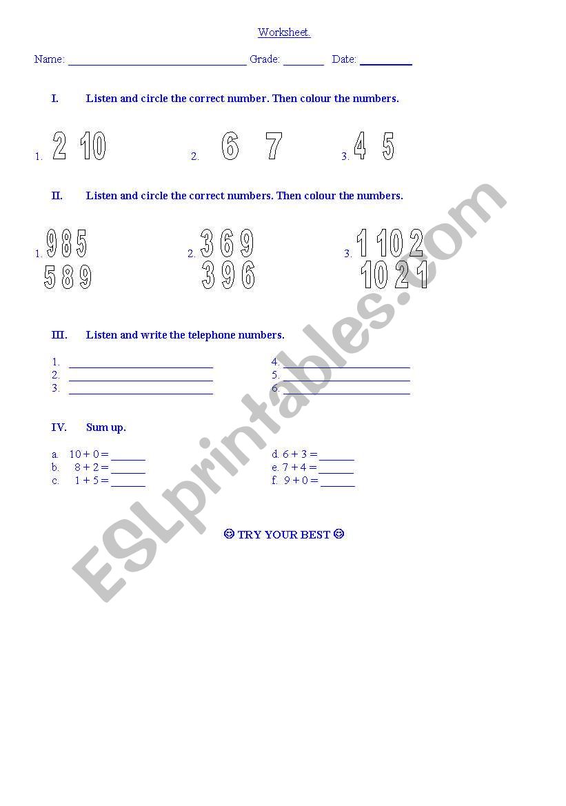 Numbers 1-10 worksheet