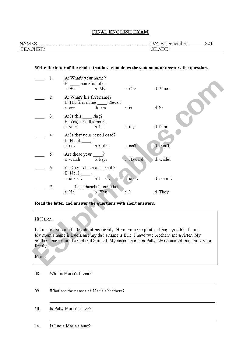 Placement test worksheet