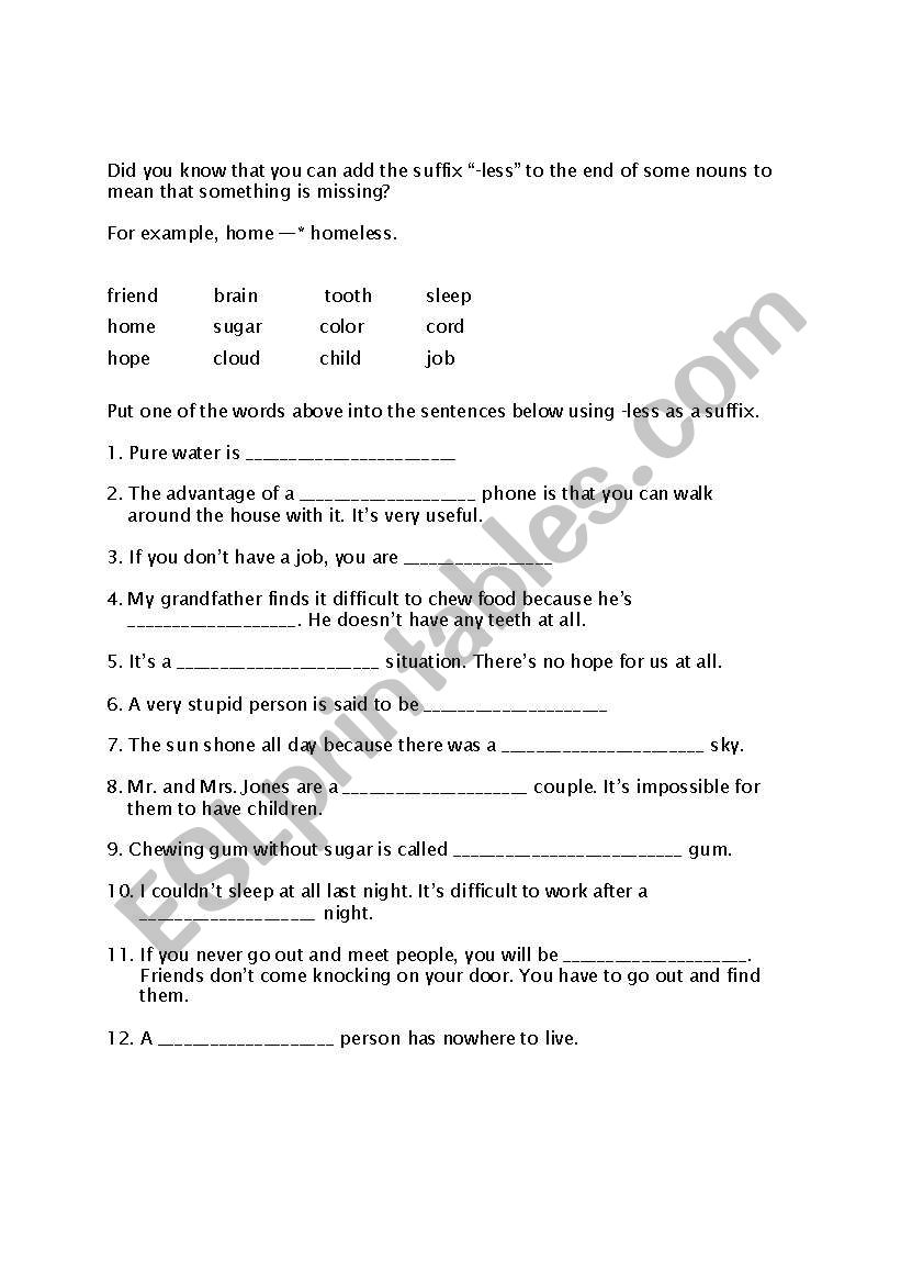 suffix -less worksheet