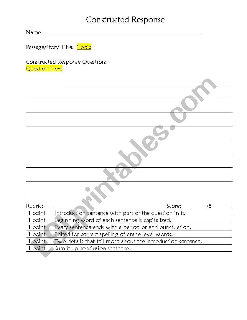 Constructed Written Response worksheet