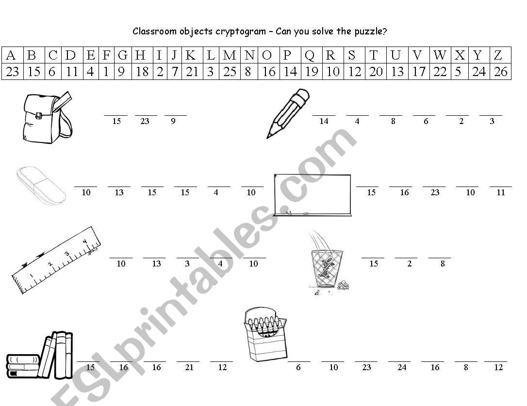 Classroom objects cryptogram puzzle