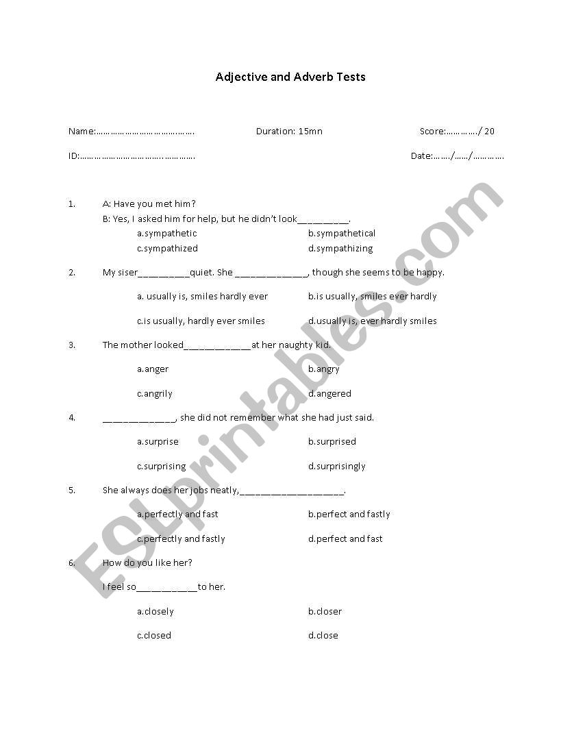 adjective and adverb test worksheet