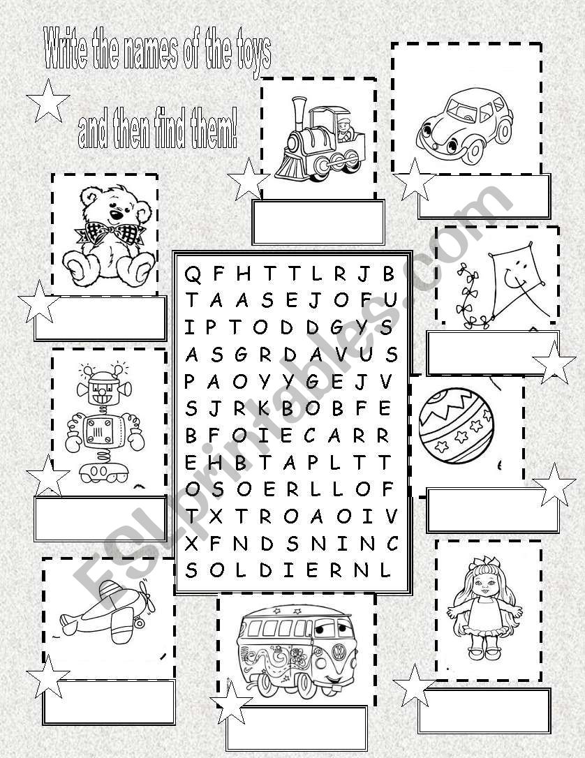 Toys spelling and wordsearch worksheet