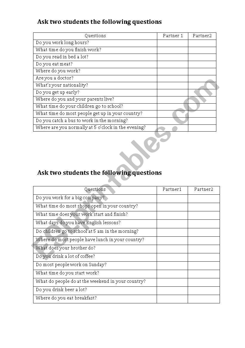 Pair work speaking  worksheet