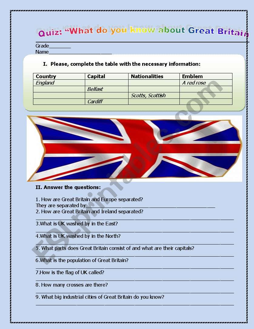 Great Britain, GENERAL quiz worksheet