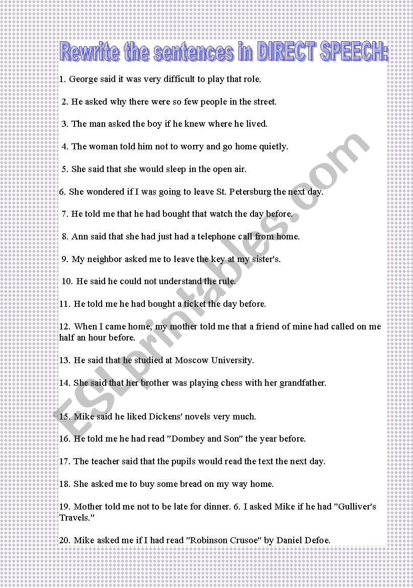 indirect speech exercises advanced pdf