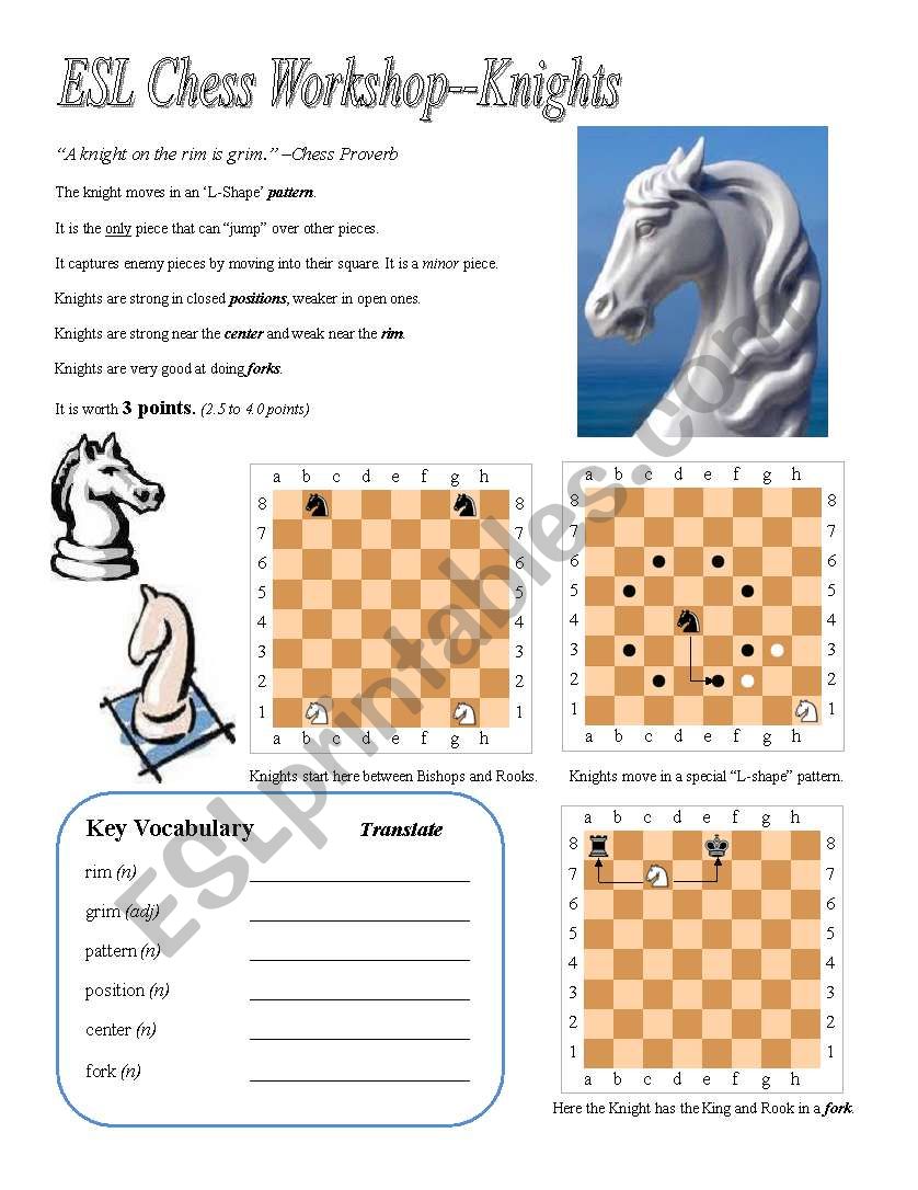 ESL Chess Workshop--Knight (Rules, Quiz, Key)
