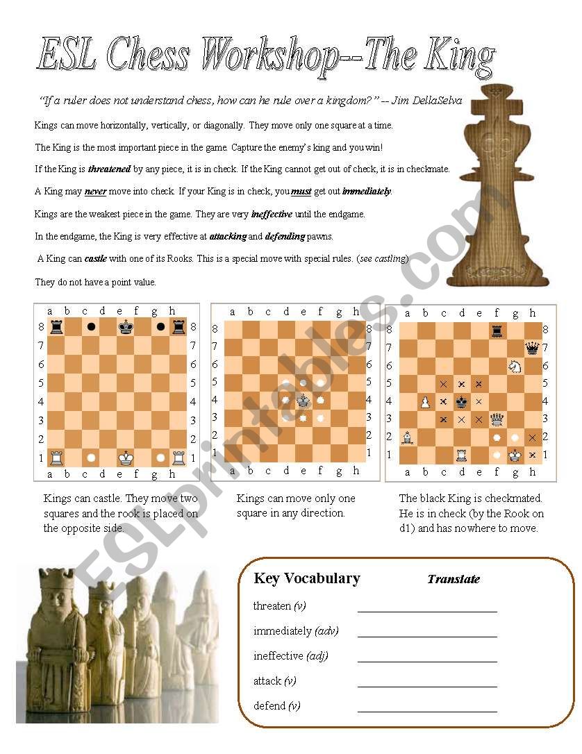 ESL Chess Workshop--King (Rules, Quiz, Key)