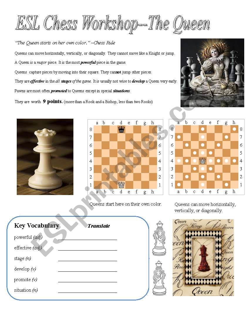 ESL Chess Workshop--Queen (Rules, Quiz, Key)