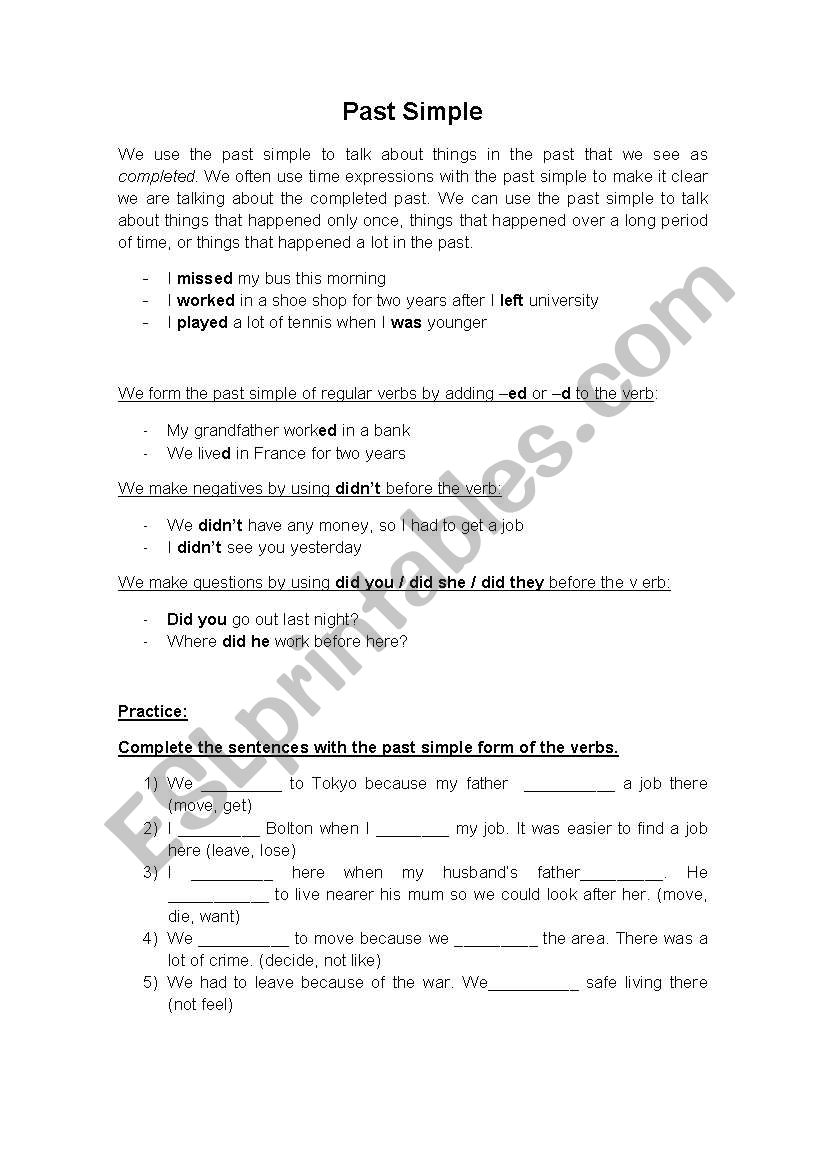 Past Simple - Theory and ex. worksheet