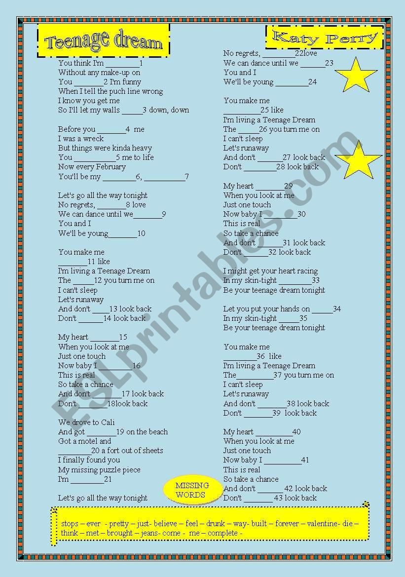 katy perry- teenage dream worksheet