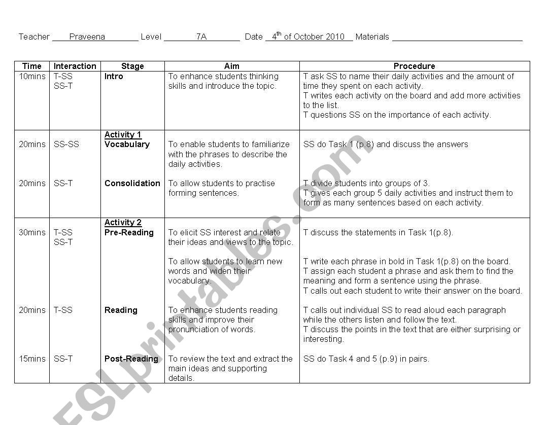 daily activities worksheet