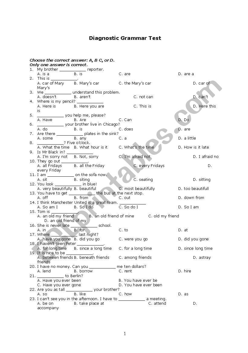 Diagnostic Grammar Test worksheet