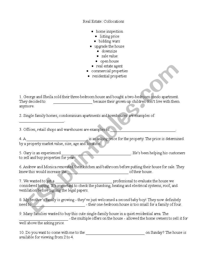 Buying and selling houses/properties - Great vocabulary worksheet 