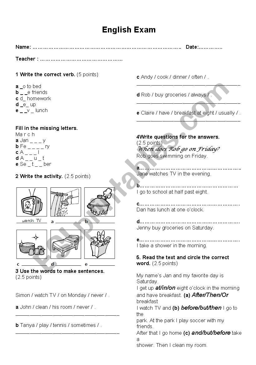 exam worksheet