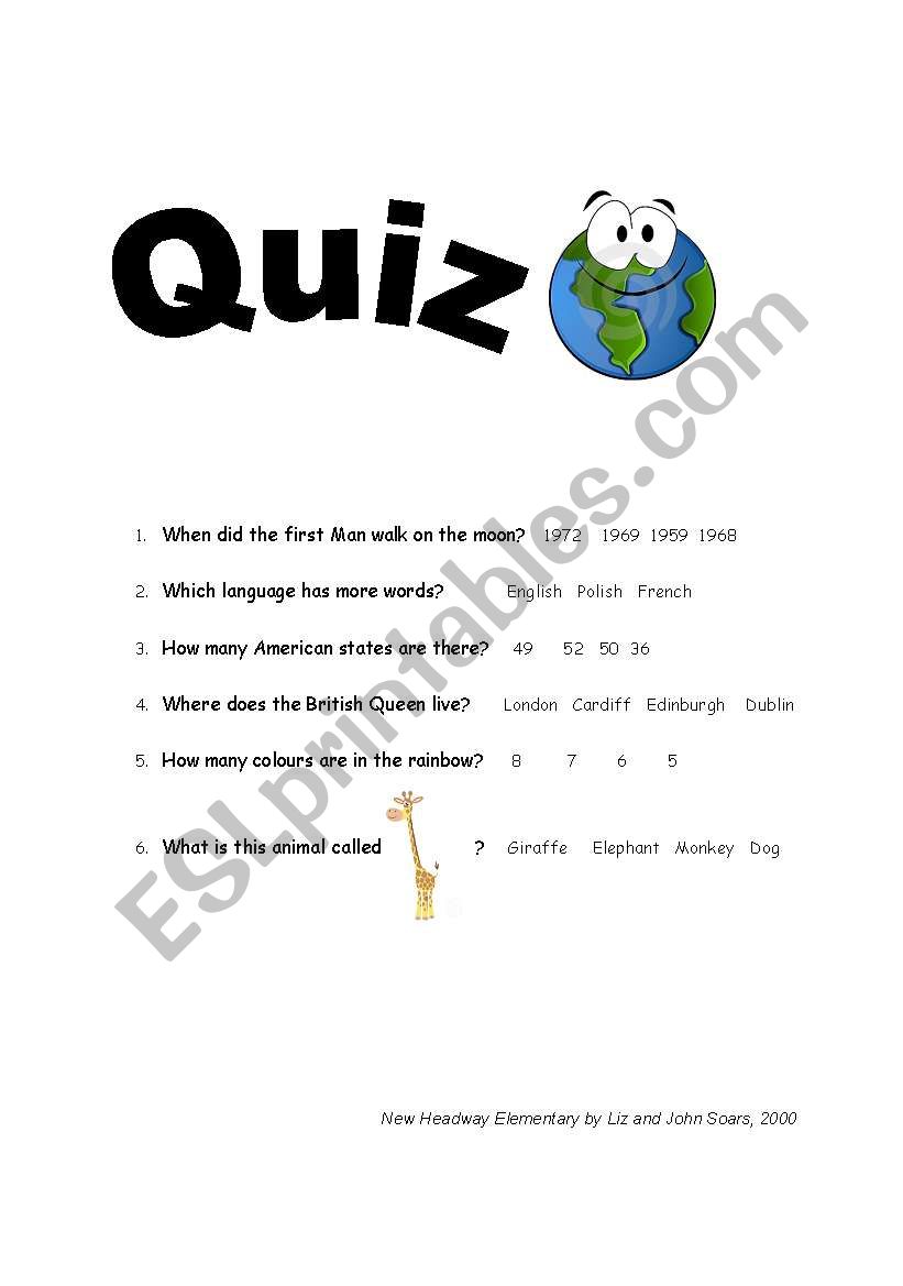 Short general knowledge quiz worksheet