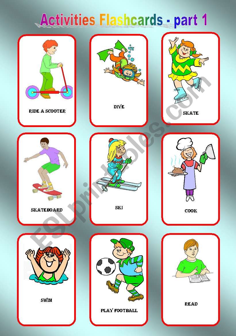 Activities Flashcards - part 1, 2 pages, 18 cards