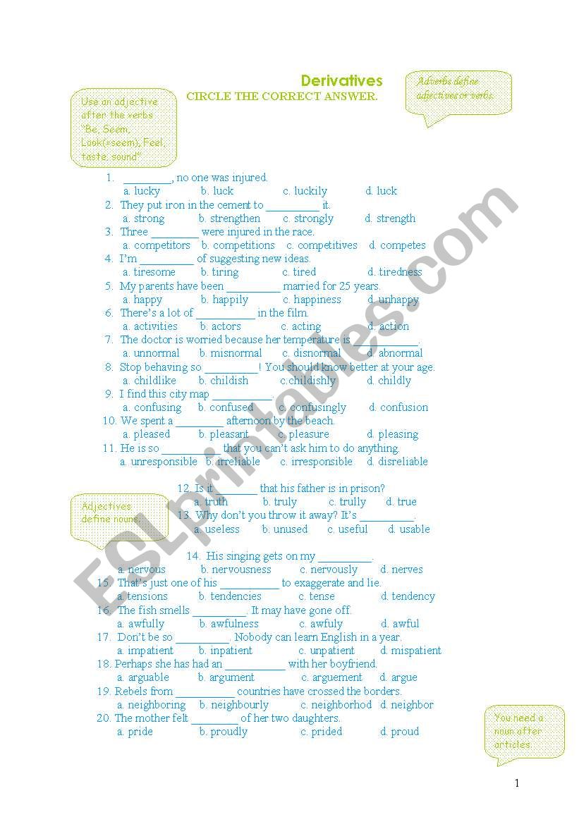 Derivatives-Word Building worksheet