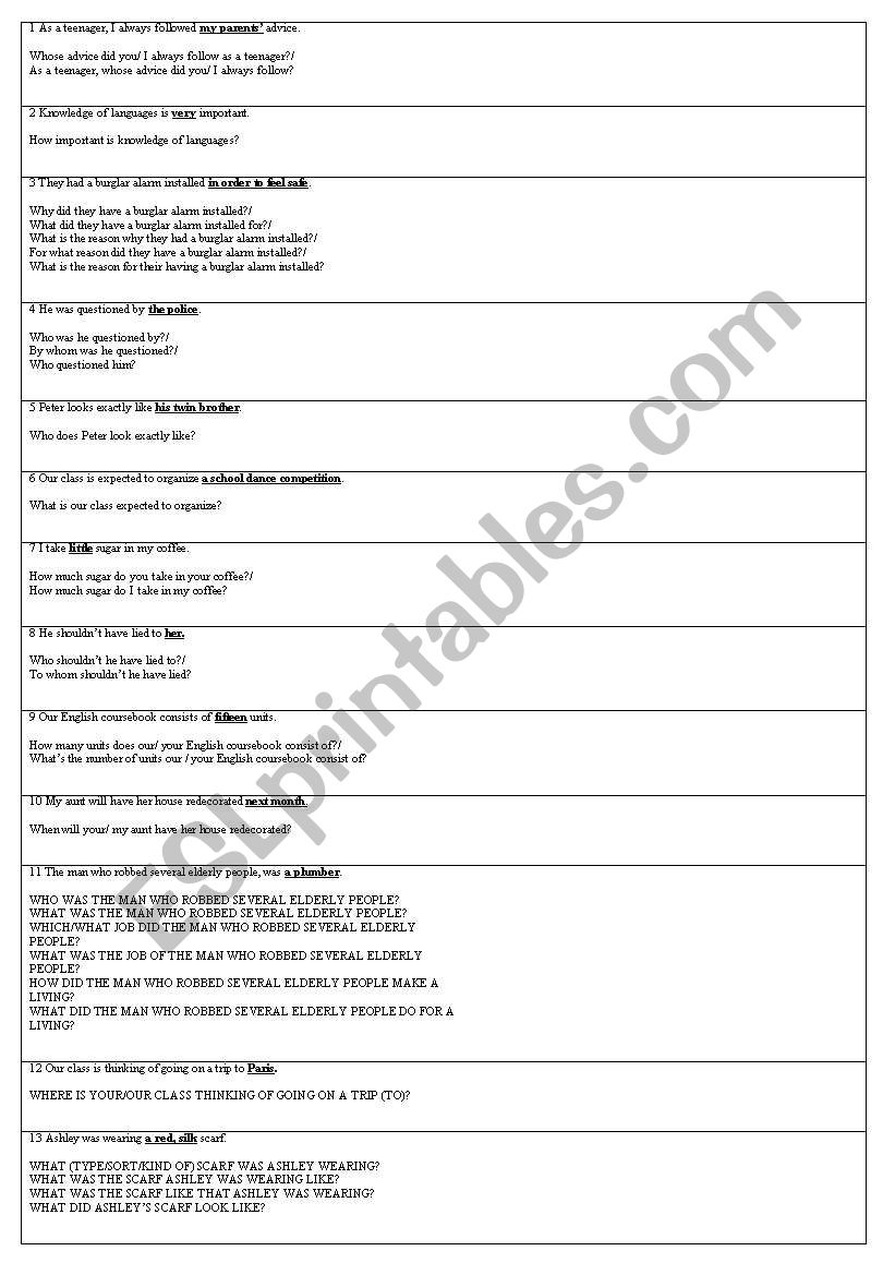 questions worksheet