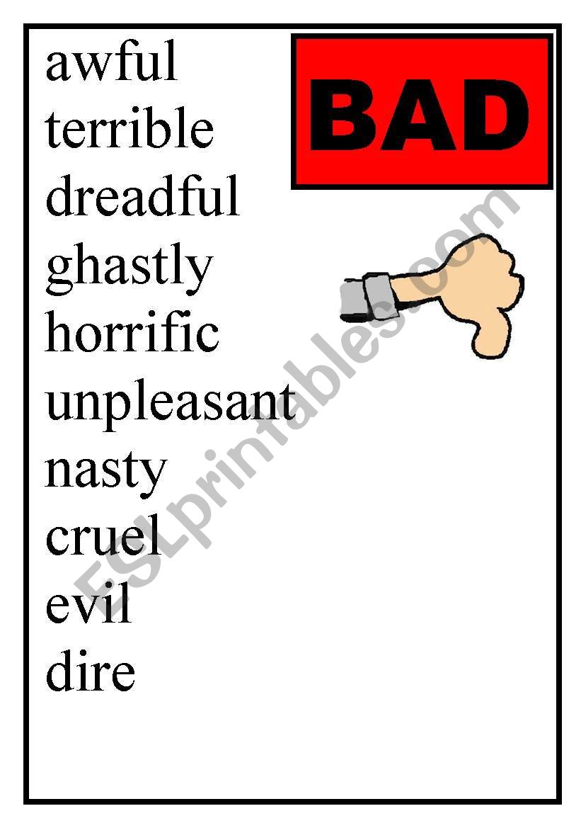 poster of synonyms- bad, nice, tasty