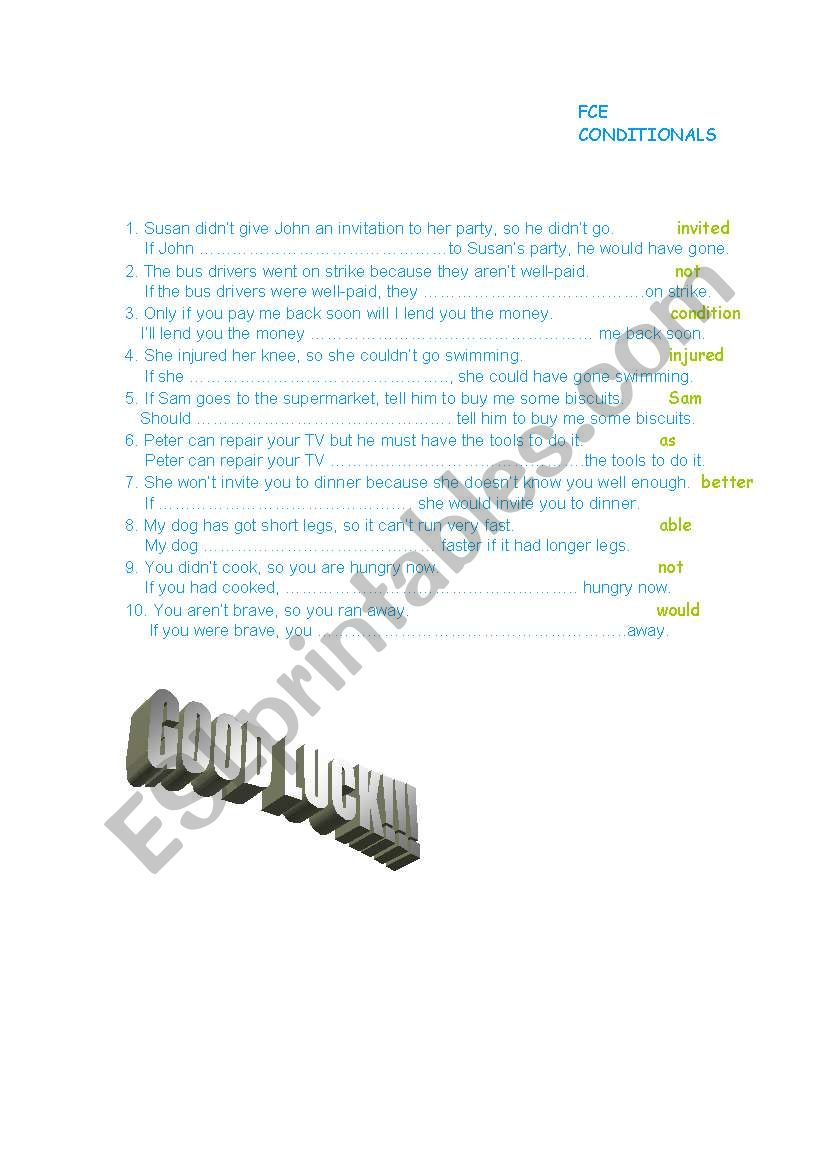 Conditionals-Transformation worksheet