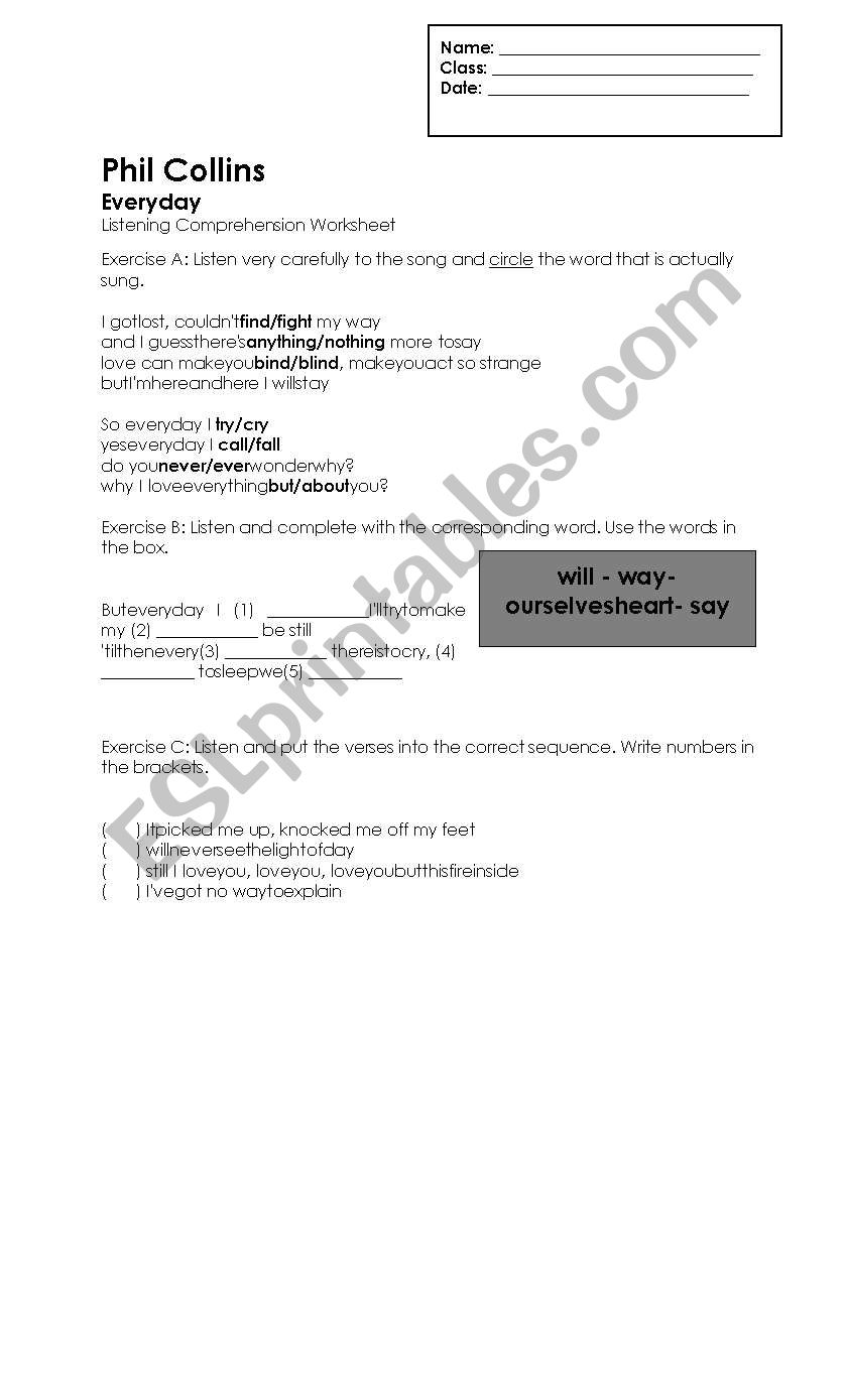 Phil Collins-Listening Comprehension Worksheet