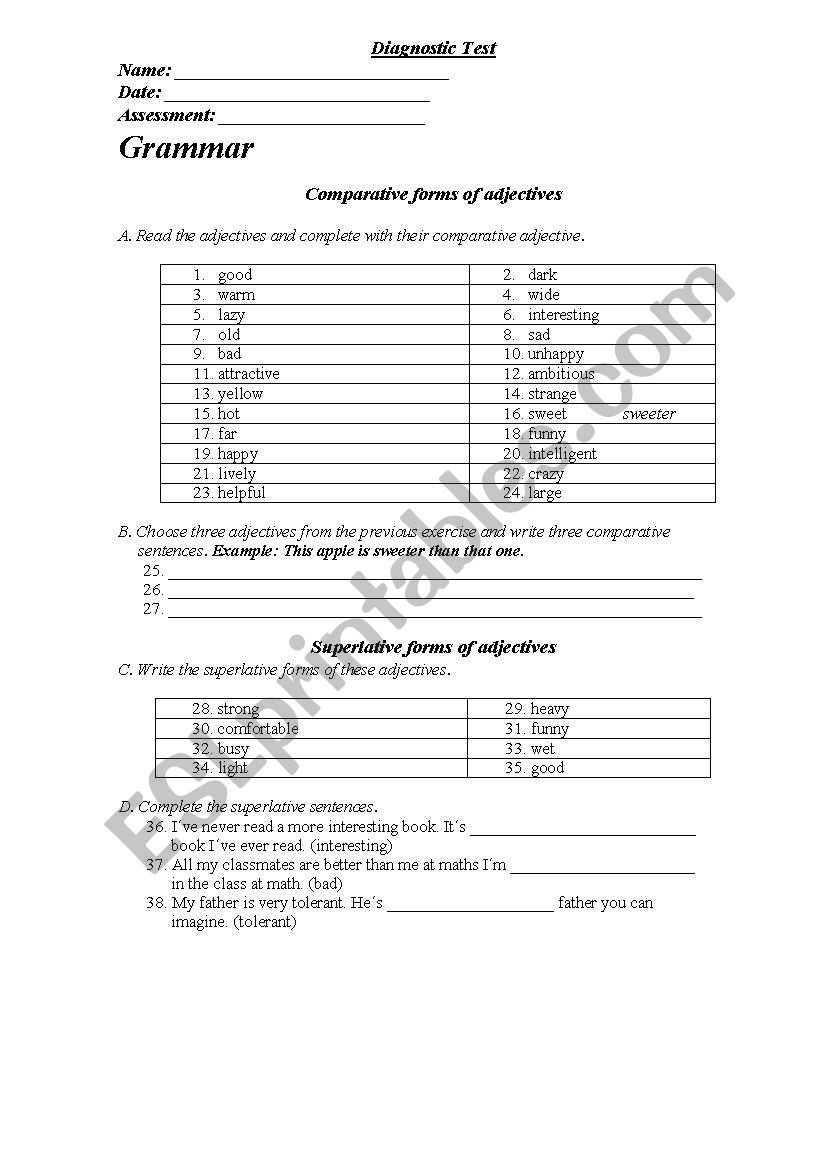 Diagnostic test 9th grade worksheet