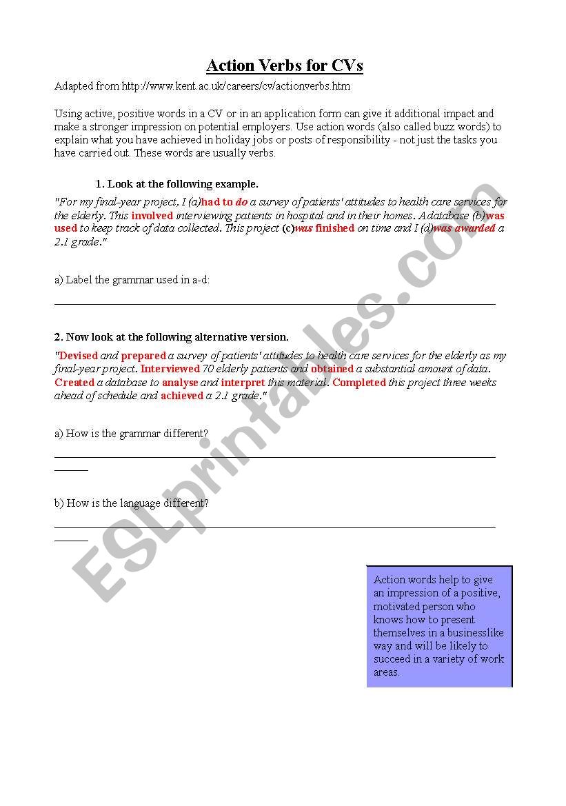 Action Verbs for CV Writing worksheet
