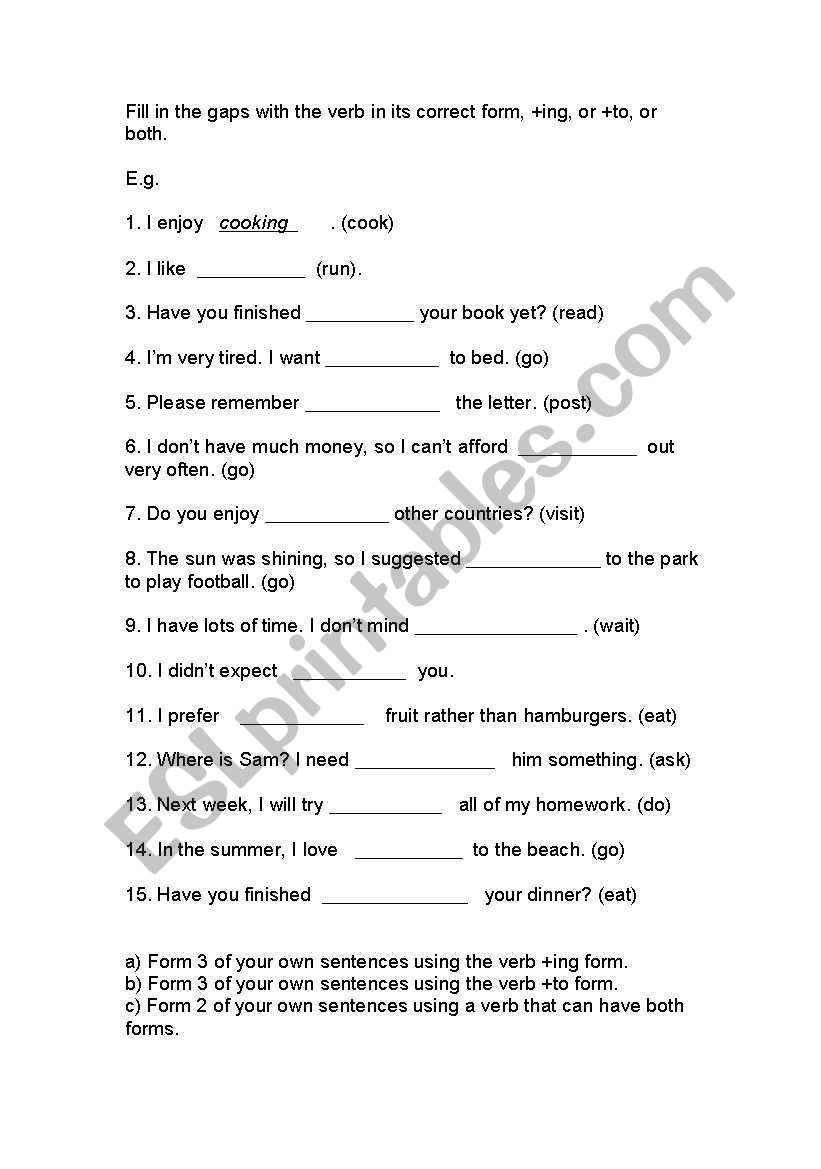 Verb Patterns Gap Fill - ing or infinitive