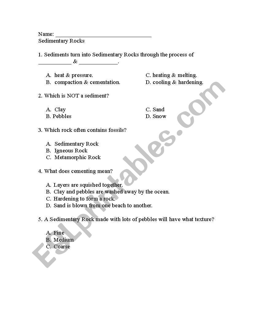 English worksheets sedimentary rocks quiz