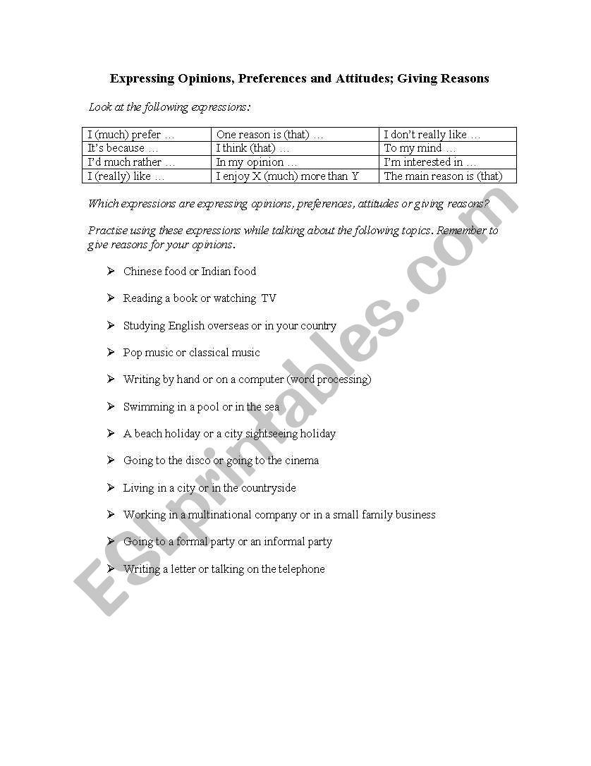 Expressing Opinions worksheet