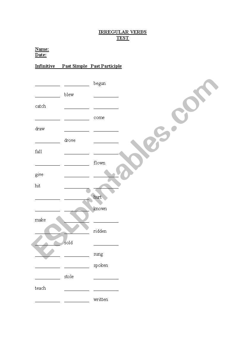 irregular verbs test worksheet