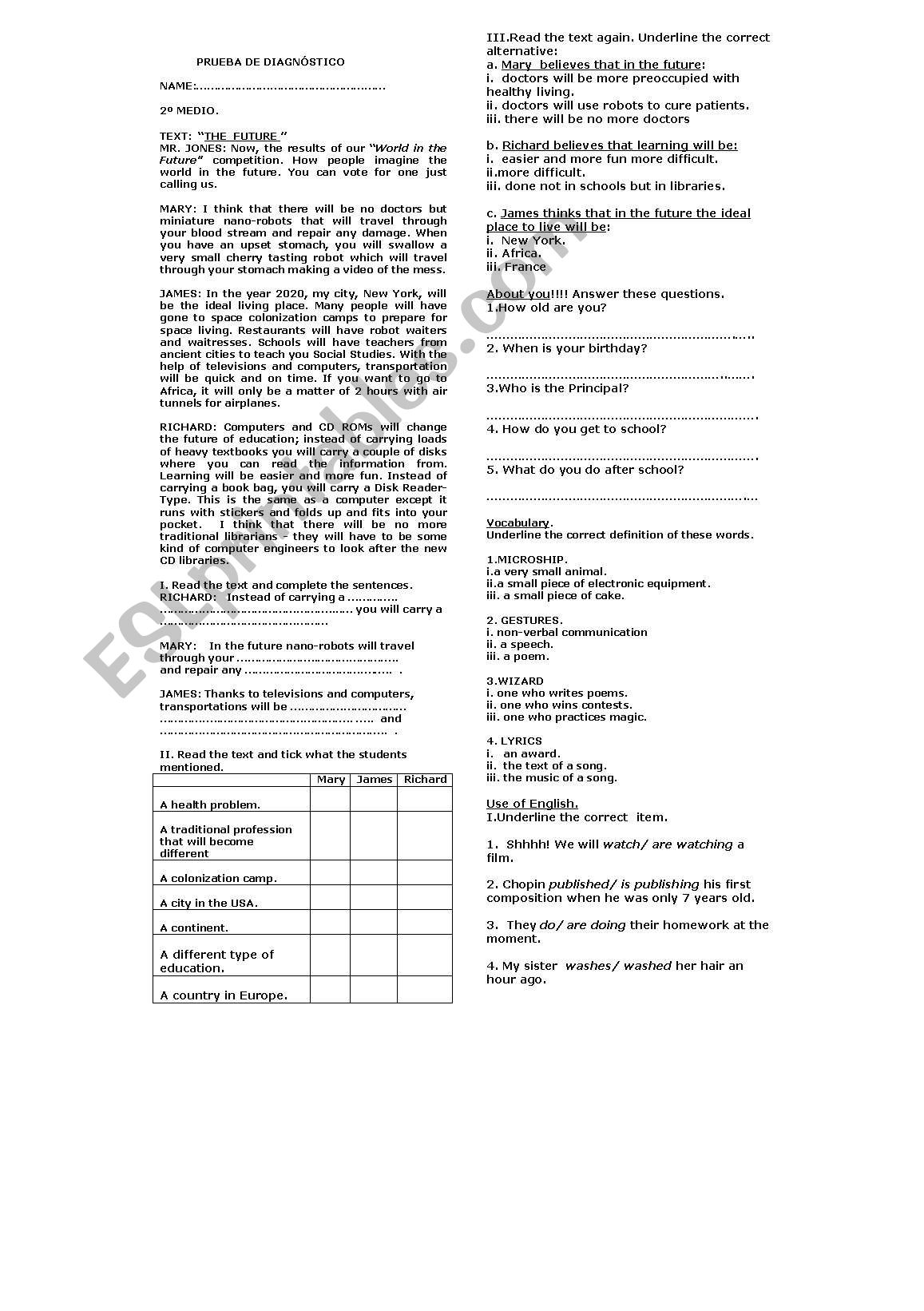 diagnostic test worksheet