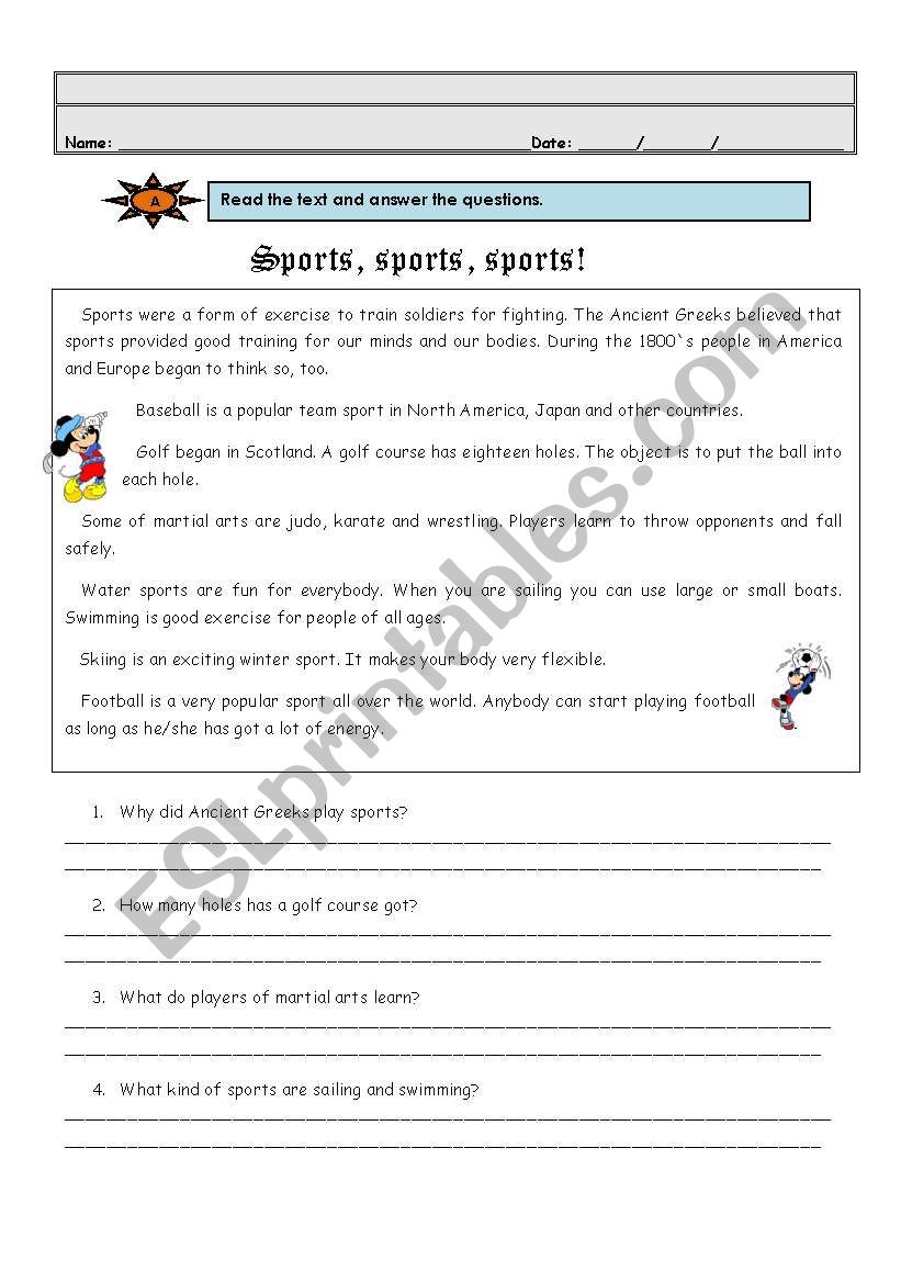 Sports, sports, sports worksheet