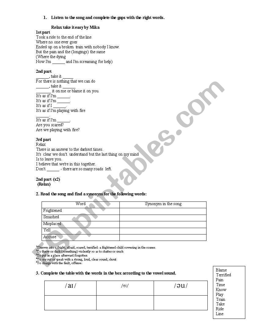 RELAX TAKE IT EASY worksheet